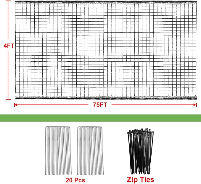 4 x 75ft Deer Fence Netting, Heavy Duty Plastic Mesh Plastic Fence Deer Netting, 55GSM Deer Fence for Garden, Reinforced Edges Anti Bird Netting Mesh for Trees Vegetable Raised Bed(55GSM, 4 x 75ft)