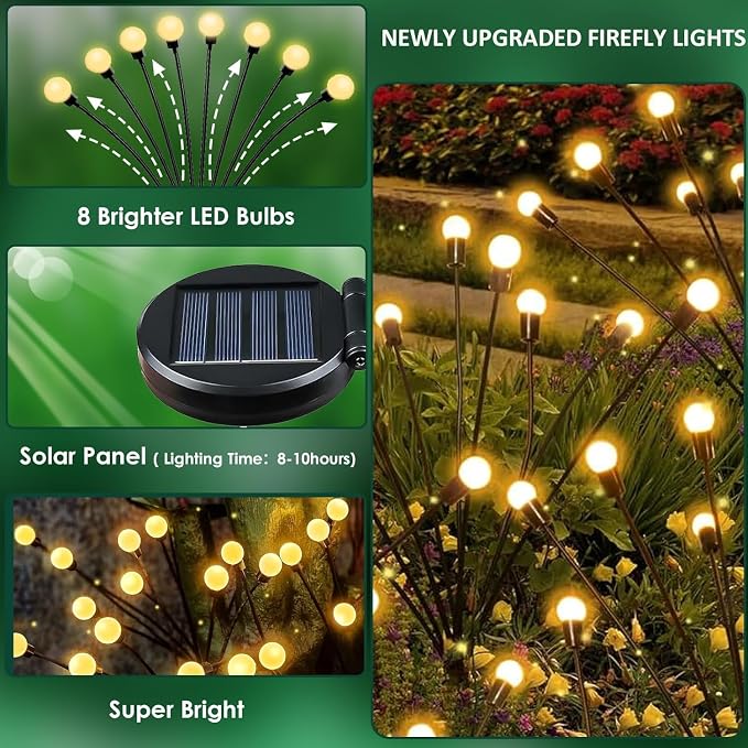 10 Pack Solar Firefly Lights Outdoor Swaying Garden Decor 80 LED Warm White | 2 Lighting Mode, Auto On/Off, Sway with Wind, Waterproof Solar lights Outdoor for Driveway Patio Veranda Courtyard Decor