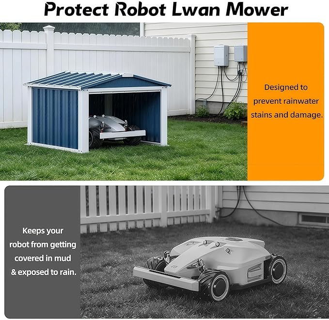 REEMOON 3x3 FT Metal Robot Mower Garage, Small Outdoor Shed, Blue | Open-front metal shelter for robot mowers, garden tools, trash bins, and small backyard equipment; assembly required.