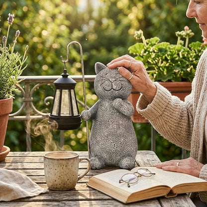 Qeeman Solar Cat for Garden Decor: Weatherproof Resin Statues | Warm Glow Lantern Outdoor Decoractions for Yard Pathway Patio Porch Balcony Front, Gifts for Mom Grandma Lovers