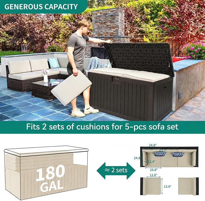 YITAHOME 180 Gallon Double-Wall Deck Box with Side Handles | Outdoor Large Storage for Patio Furniture Cushions, Garden Pool Accessories, Water Resistant & Lockable