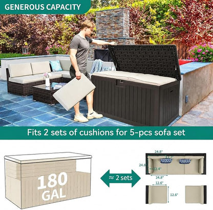 YITAHOME 180 Gallon Double-Wall Deck Box with Side Handles | Outdoor Large Storage for Patio Furniture Cushions, Garden Pool Accessories, Water Resistant & Lockable