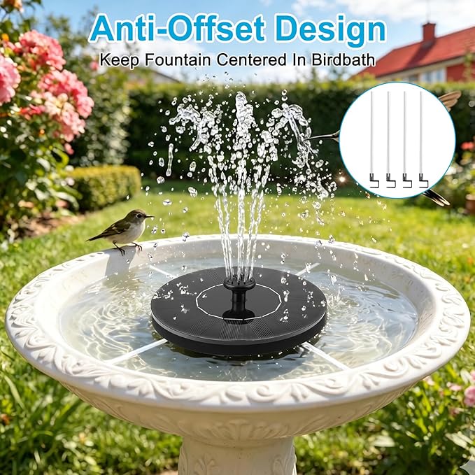 Floating Solar Fountain Pump, Upgrade 1.5W Solar Powered Water Pump with 6 Spray Nozzles & 4 Fixed Pipes, Solar Fountain for Bird Bath, Garden Pond, Pool, Outdoor