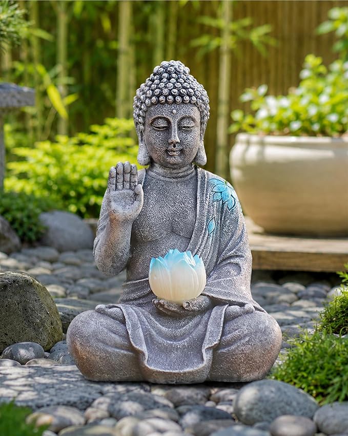 Nacome Solar Buddha Garden Statue Decor: Sitting Resin Figurine with Lotus Flower Light Zen Sculpture for Patio Lawn Yard Porch Balcony Meditation Space - 10.6 inches(Grey)