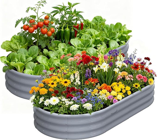 Galvanized Raised Garden Bed, 2 Pack 6x3x1ft Oval Metal Planter Box | Easy Tool-Free Assembly, Beginner & Senior Friendly, 12" Tall Large Outdoor Gardening Beds for Vegetables, Flowers, Herb Gray