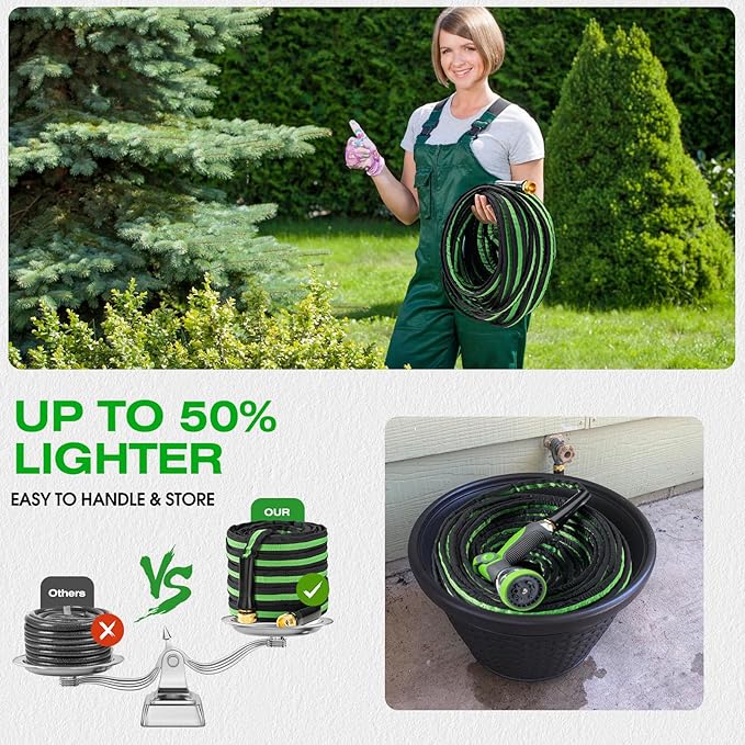 75FT Lightweight Super Flexible Garden Hose - Kink-Free, Non-Expanding, Easy Storage for Yard Lawn Outdoor Use (Black-Green)