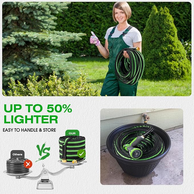 15FT Lightweight Super Flexible Garden Hose - Kink-Free, Non-Expanding, Easy Storage for Yard Lawn Outdoor Use (Black-Green)