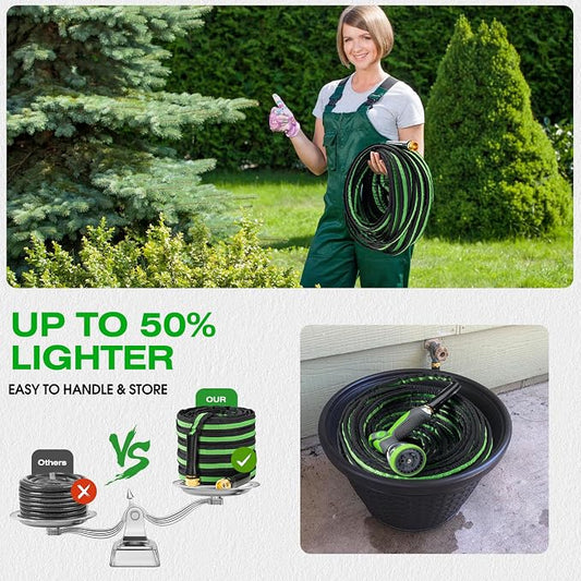 15FT Lightweight Super Flexible Garden Hose - Kink-Free, Non-Expanding, Easy Storage for Yard Lawn Outdoor Use (Black-Green)