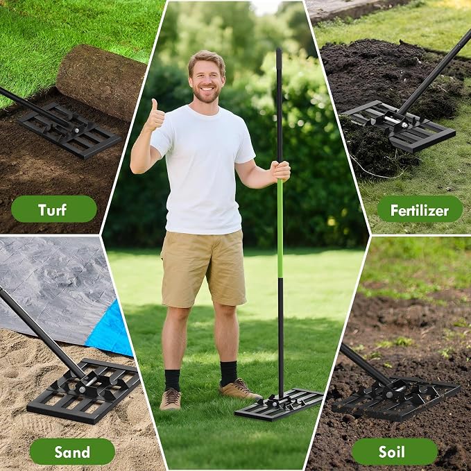 Seeutek Lawn Leveling Rake, 17” x 10” Ground Leveler | with 6.5FT Alloy Steel Handle Rakes for Lawns, 0-180° Adjustable Ground Leveler Tool for Yard, Level Soil Sand Dirt Surfaces