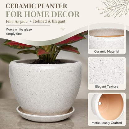 9.5 Inch Ceramic Plant Pot with Drainage Hole Mesh Net,Modern Gardening Pots for Indoor Plants with Saucer, Waxen White