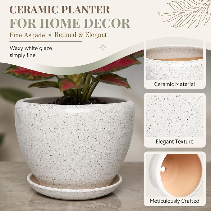 7.5 Inch Ceramic Plant Pot with Drainage Hole Mesh Net,Modern Gardening Pots for Indoor Plants with Saucer, Waxen White