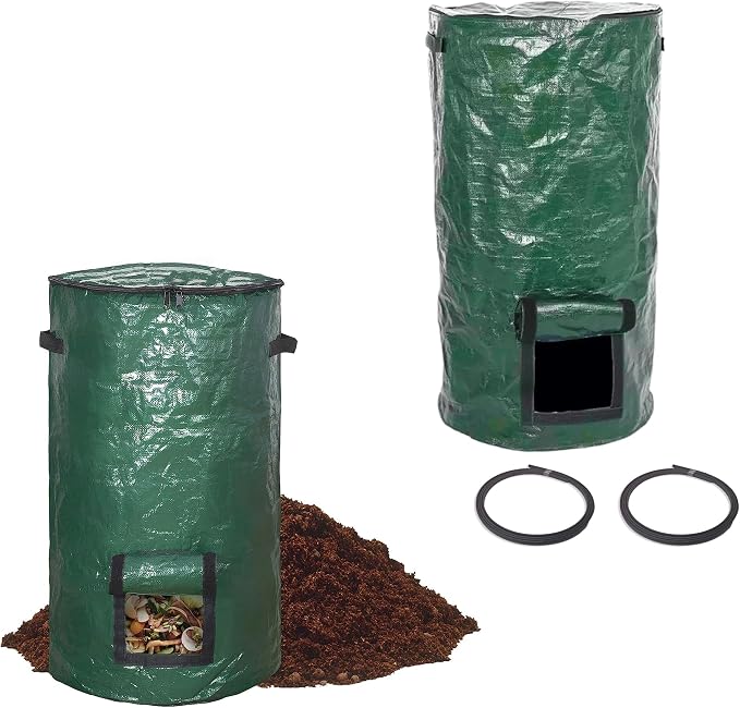 Compost Bin Bags 34 Gallon Garden Compost Bags Outdoor Reusable,Organic Waste Garden Yard Compost Bag Collapsible Leaf Lawn Bags Gardening Container (Green 2pcs)