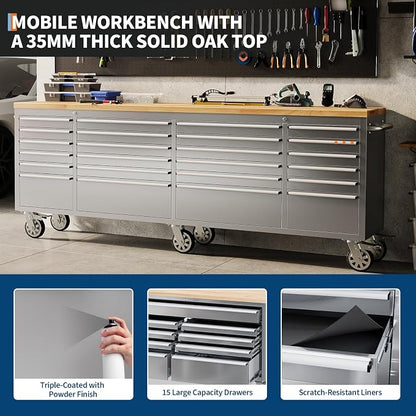 GarveeTech 96-Inch Heavy-Duty Rolling Tool Chest & Mobile Workbench, 24 Drawers, Rubber Wood Tabletop, Key Locking System, Drawer Liners, 6 Wheels, Steel Storage Cabinet for Garage