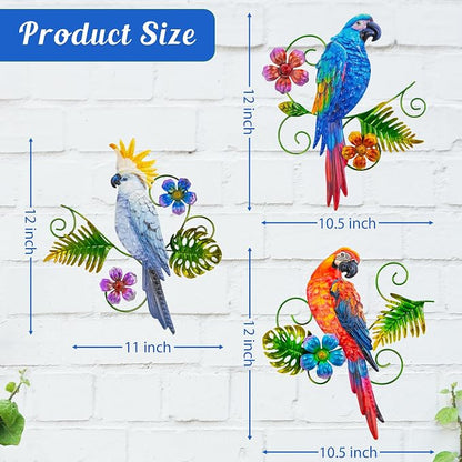 Metal Parrots Wall Decor Outdoor Hanging Sculptures Decor for Yard Garden | J-Fly Patio Garden Decoration Gifts Outdoor Bird Wall Decor-12 Inches Parrot Large Hanging Wall Decor 3 Pack