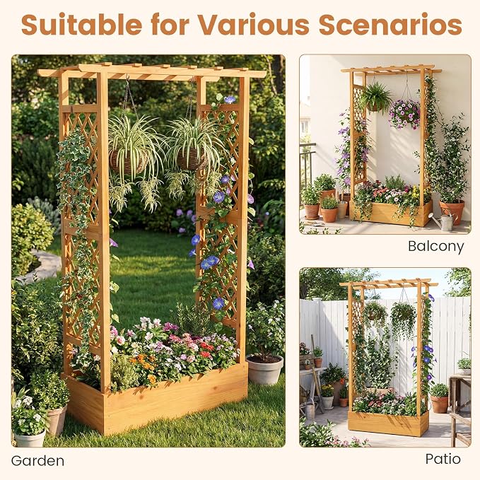 Happygrill 70” Raised Garden Bed with Trellis, Wood Planter Box w/Hanging Roof, 2 Side Trellises, Open-ended Base for Flower, Vegetable, Vine Climbing Plant, Vertical Plant Container for Garden, Patio