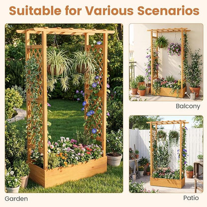 Happygrill 70” Raised Garden Bed with Trellis, Wood Planter Box w/Hanging Roof, 2 Side Trellises, Open-ended Base for Flower, Vegetable, Vine Climbing Plant, Vertical Plant Container for Garden, Patio