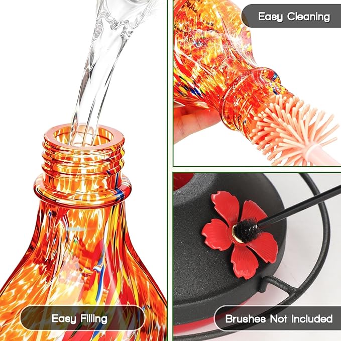 Hand Blown Glass Hummingbird Feeders for Outdoors Hanging, 24oz Wild Bird Nectar Feeder with Ant Moat and Perch, Bee-Resistant Ports, Garden Decor, Gifts for Women Mom, 1 Pack, Orange Phoenix