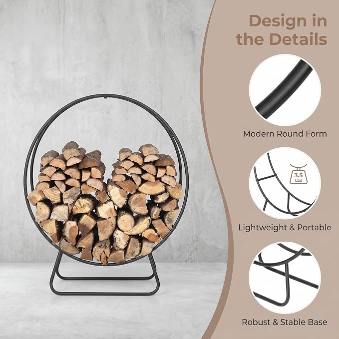 Firewood Rack Outdoor, 24 Inch Round Firewood Storage Log Rack with Arrow Style, Wood Rack for Indoor Fireplace & Balcony (Black)