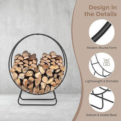Firewood Rack Outdoor, 24 Inch Round Firewood Storage Log Rack with Arrow Style, Wood Rack for Indoor Fireplace & Balcony (Black)