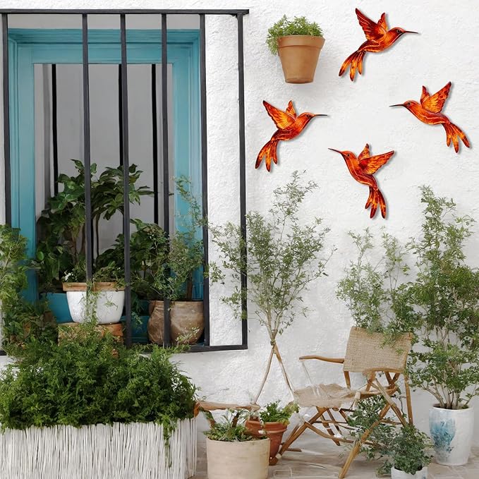 4 Pack Metal Hummingbird Wall Art Decor - 3D Colorful Birds Outdoor Wall Art,Hanging Decoration for Patio, Garden, Balcony and Fence (G)