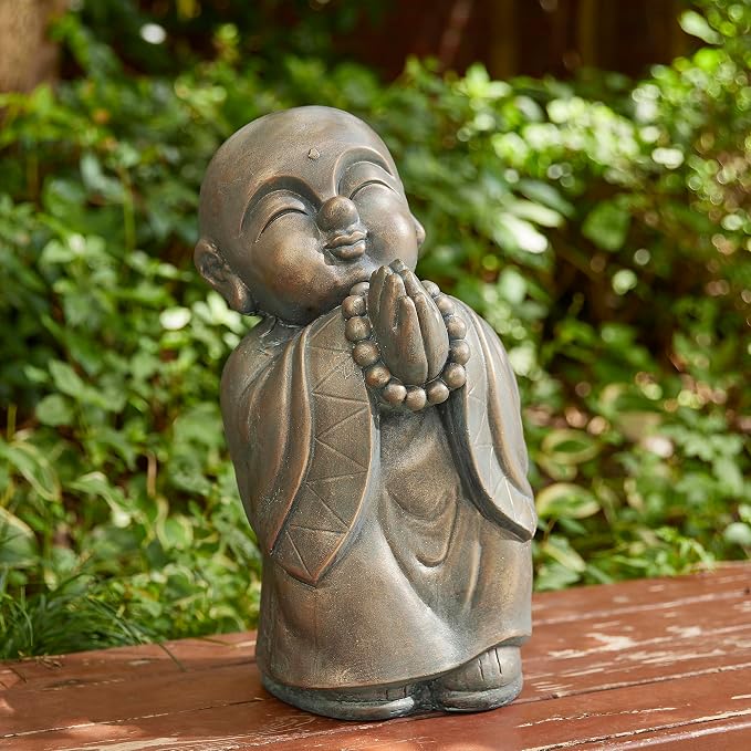 Glitzhome MGO Faux Bronze Little Buddha Monk Garden Staue Indoor and Outdoor Sculpture Decoration, 16.5" H