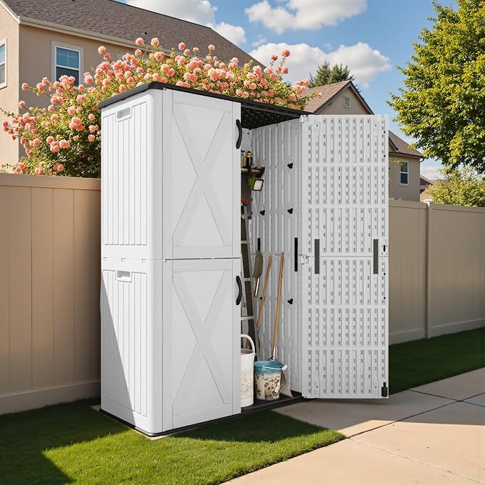 Devoko 50 Cu Ft Plastic Outdoor Storage Cabinet, White | Vertical Resin Storage Shed with Lockable Door, Waterproof Shed for Patio Furniture Pool Toy, Garden Tool, Shelf Not Included