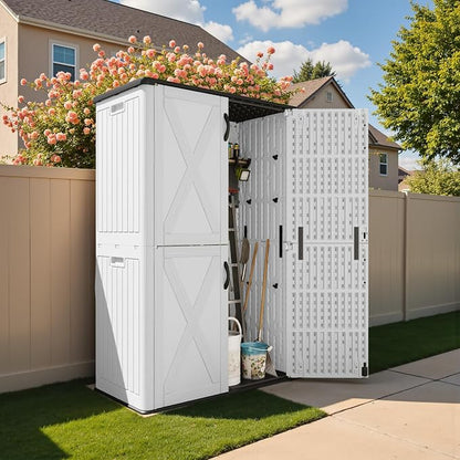 Devoko 50 Cu Ft Plastic Outdoor Storage Cabinet, White | Vertical Resin Storage Shed with Lockable Door, Waterproof Shed for Patio Furniture Pool Toy, Garden Tool, Shelf Not Included