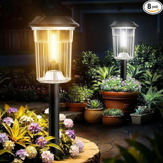 BITPOTT Solar Lights Outdoor Waterproof, 8 Pack Solar Pathway Lights Outdoor,Auto On/Off Solar Powered Garden Lights for Yard Lawn Patio Walkway Driveway Decor Landscape Lighting,2-in-1 Warm&Cool