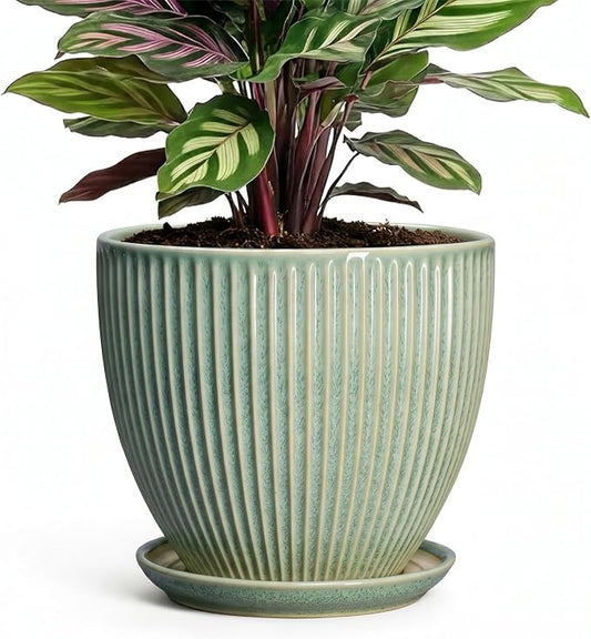 Ceramic Plant Pots, 6 Inch Ceramic Pots for Herb Snake Plants, Indoor Small Flower Pot with Drainage Hole and Saucer, Modern Round Planter, Room Office House Decor, Gardening Gifts, Green