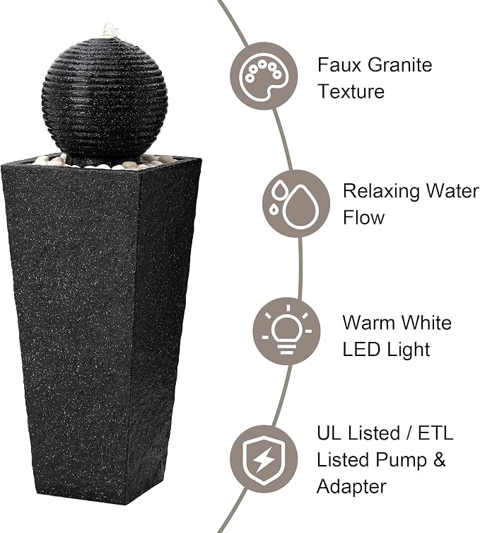 Glitzhome Outdoor Water Fountain with LED Light, Oversized Decorative Black Pedestal Water Fountains with Submersible Pump, Modern Sphere Floor Fountain with Pebbles for Garden Patio Decor, 40.25" H