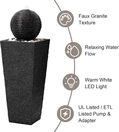 Glitzhome Outdoor Water Fountain with LED Light, Oversized Decorative Black Pedestal Water Fountains with Submersible Pump, Modern Sphere Floor Fountain with Pebbles for Garden Patio Decor, 40.25" H