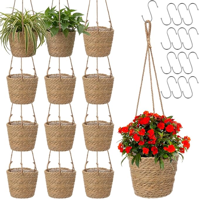 12 Pcs Seagrass Hanging Planter Basket Hand Woven Plant Basket with Plastic Liners Hanging Plant Holder Storage Containers with Cotton Rope for Indoor Garden Decor (Small,Brown)