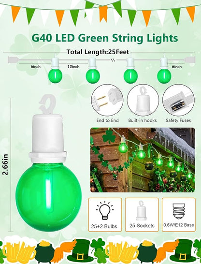 LED St. Patrick's Day String Lights, 25Ft St Patricks Decorations Outdoor | 25+2 G40 Round Bulbs, Connectable, Hanging Patio Lights Shatterproof for Indoor Home Decor Party, White Wire, Clear Green