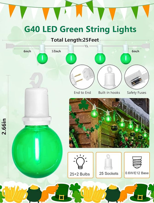 LED St. Patrick's Day String Lights, 25Ft St Patricks Decorations Outdoor | 25+2 G40 Round Bulbs, Connectable, Hanging Patio Lights Shatterproof for Indoor Home Decor Party, White Wire, Clear Green
