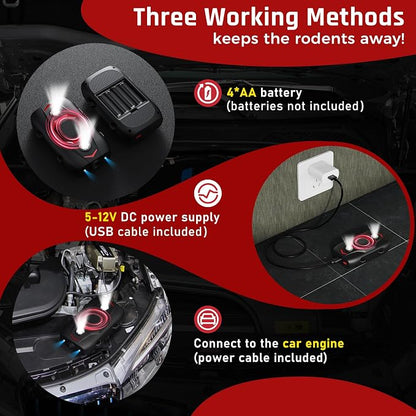 Ultrasonic Rodent Repeller for Car, Under Hood Mouse Repellent with 4 LED Strobe Lights – Battery, USB & Engine Powered, Drives Rats, Mice & Squirrels from Vehicles, Warehouses, Garages