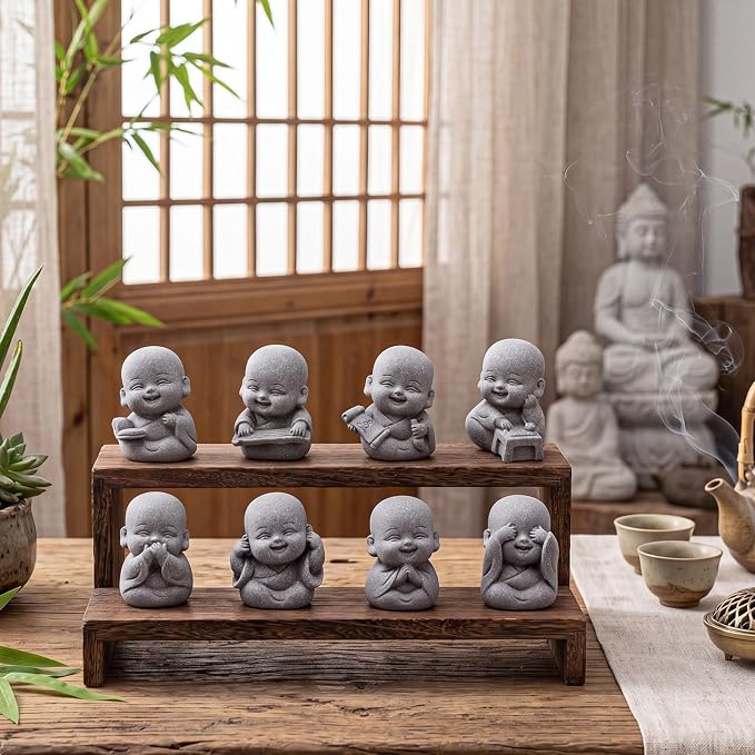 Hoteam 8 Pcs Laughing Buddha Statue Small Zen Monk Praying Sandstone Sculptures for Luck Feng Shui Decor Car Dashboard Home Living Room Office Desk Decor (Classic)