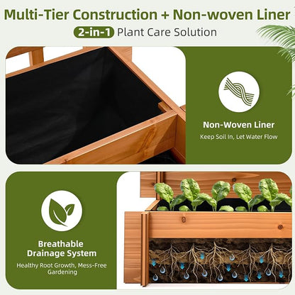 43" 3-Tier Fir Wood Raised Garden Bed with Trellis for Vegetables | Fir wood raised bed with trellis, non-woven liners, and 3 growing tiers for climbing veggies, herbs, flowers, or vines
