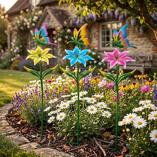 Metal Garden Flowers for Outside, 30.3-22.4" 3-Pack Colorful Butterfly & Flower Decorative Garden Stakes for Spring Garden Decor, Yard Art Decorations for Patio Lawn