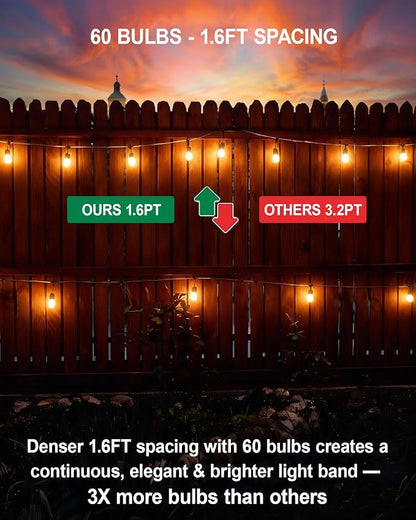 Gmnee 100FT Outdoor String Lights for Patio, Balcony & Porch – 64 LED Edison Bulbs (1.6FT Spacing), Dimmable Heavy-Duty Patio Lights for Backyard, Gazebo, Bistro, Party and Garden Decor (Plug in)