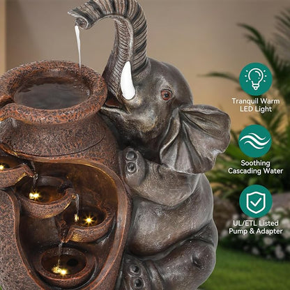 AUTODAYA 19" H Elephant Statue Outdoor Water Fountain with Warm LED Lights | Rustic Farmhouse Water Feature with Tranquil Cascading Waterfall for Garden Patio Yard Deck Kitchen Floor Tabletop Decor