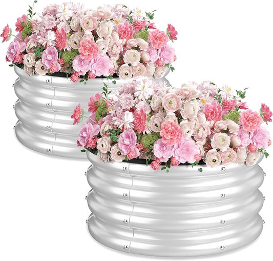 2 x 2 x 1 ft Round Metal Raised Garden Bed, Silver 2 Pack Heavy Duty Galvanized Steel Planter Box with Safety Edge Trim for Vegetables Flowers Herbs Outdoor Garden