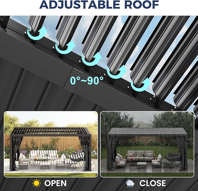 12' x 16' Louvered Pergola, Aluminum Frame Outdoor Pergola with Curtains & Netting, Adjustable Louvered Roof & Integrated Gutter System, Hardtop Patio Gazebo for Backyard, Patio, Garden, Dark Gray