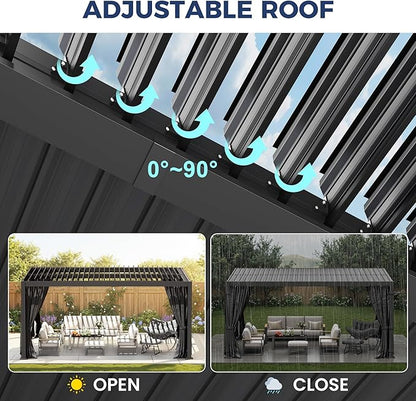 12' x 16' Louvered Pergola, Aluminum Frame Outdoor Pergola with Curtains & Netting, Adjustable Louvered Roof & Integrated Gutter System, Hardtop Patio Gazebo for Backyard, Patio, Garden, Dark Gray