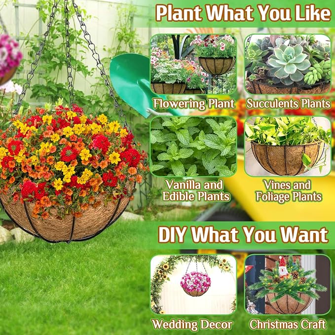 ZeeDix 3 Pack 12 Inch Outdoor Hanging Baskets, Metal Wire Hanging Planters with Coconut Liners, Round Hanging Baskets for Plants Flowers Ferns Home Garden Porch Balcony Railings Decor