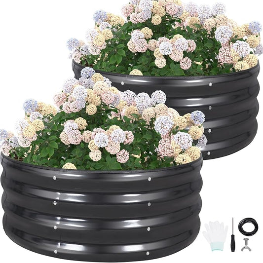 G GOOD GAIN Round Raised Garden Bed - 2Pcs 3x3x1ft Galvanized Steel Planter Boxes Outdoor with Rubber Edge Trim | Metal Raised Beds for Gardening Vegetables Flowers Fruits Herbs (Dark Grey)