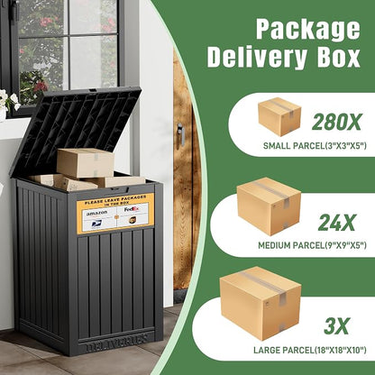 Outdoor Package Delivery Box with Lockable Secure and Sign, Resin Waterproof Outdoor Package Drop Container for Backyard, Garden, Patio & Lawn, Black with Sign