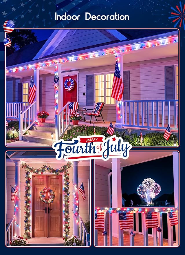Minetom Red White Blue Christmas Lights Green Wire - 100 Count 4th July Decoration Patriotic Mini String Lights Waterproof for Indoor Outdoor Xmas Holiday Party Patio Independence Day Decoration