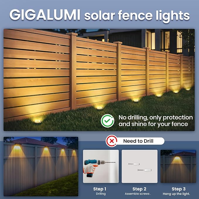 GIGALUMI Solar In-Ground Fence Lights - No-Drill Fence Lighting Solution, Waterproof Perimeter Lights Compatible with Wood, Metal & Concrete Fences (12 Pack Warm White)