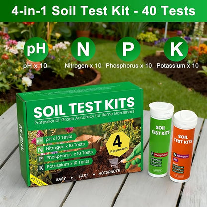 Soil Test Kit 4-in-1 for Lawns & Gardens – 40 Tests (pH, Nitrogen, Phosphorus, Potassium) – Easy Soil Testing Kit for Vegetable Garden, Lawn & Plants