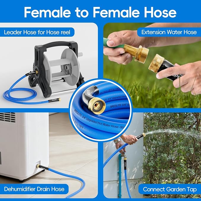 SPECILITE Female to Female Hot/Cold Garden Water Hose 10 ft x 3/4 Inch for Hose Reel, -50℉ To 190℉, Heavy Duty, Flexible, Burst 605 Psi, Rubber Extension Pipe with 3/4" Brass Fittings